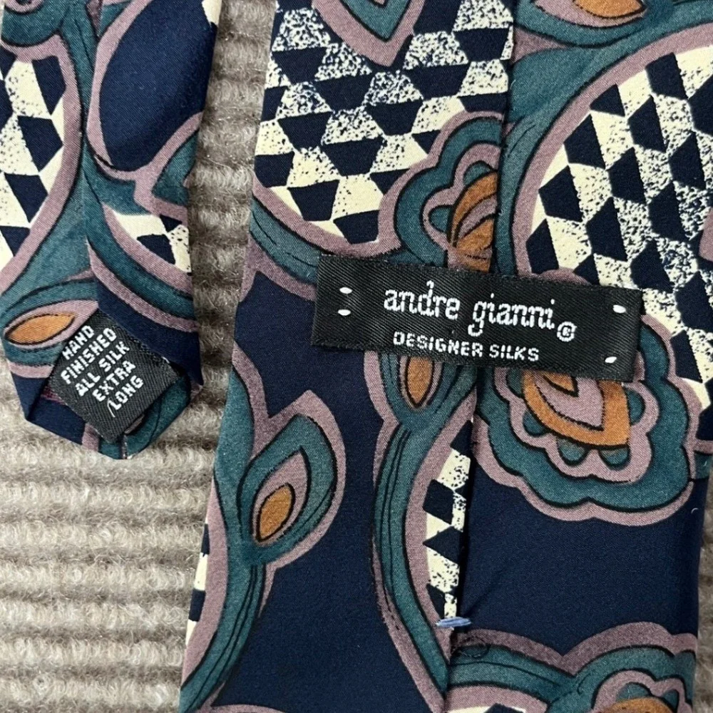 Andre Gianni Mens Silk Tie Navy Blue Teal Abstract Floral‎ Geometric Extra Long